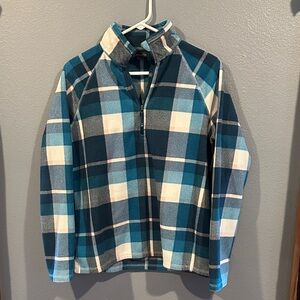 Eddie Bauer Womens 1/2 Zip Plaid Fleece Sweatshirt in Blue and Cream